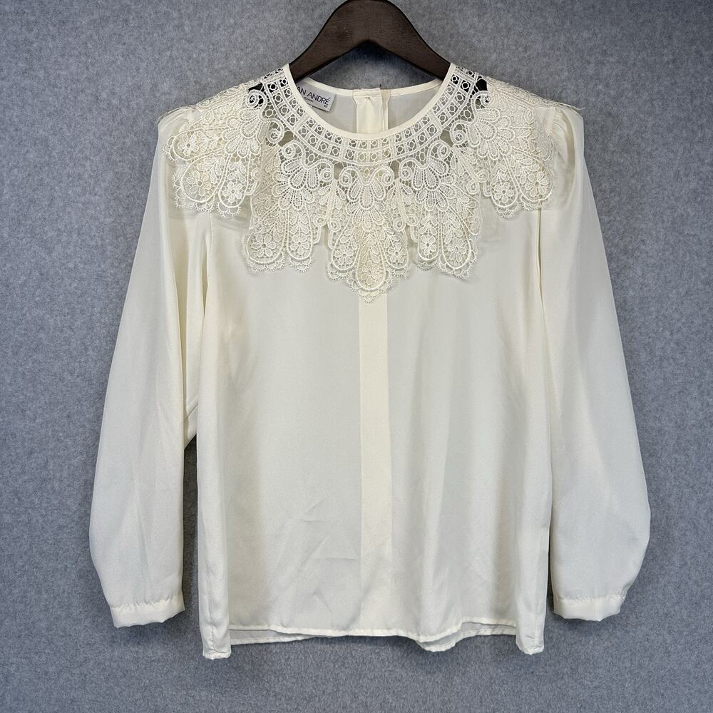 San Andre 1993 Womens Vintage Blouse Size 6 Lace Neck White Long Sleeve